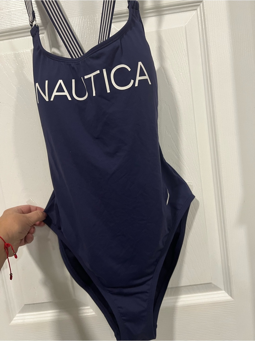 Nautica Navy One-Piece Swimsuit with White Logo and Striped Shoulder Straps